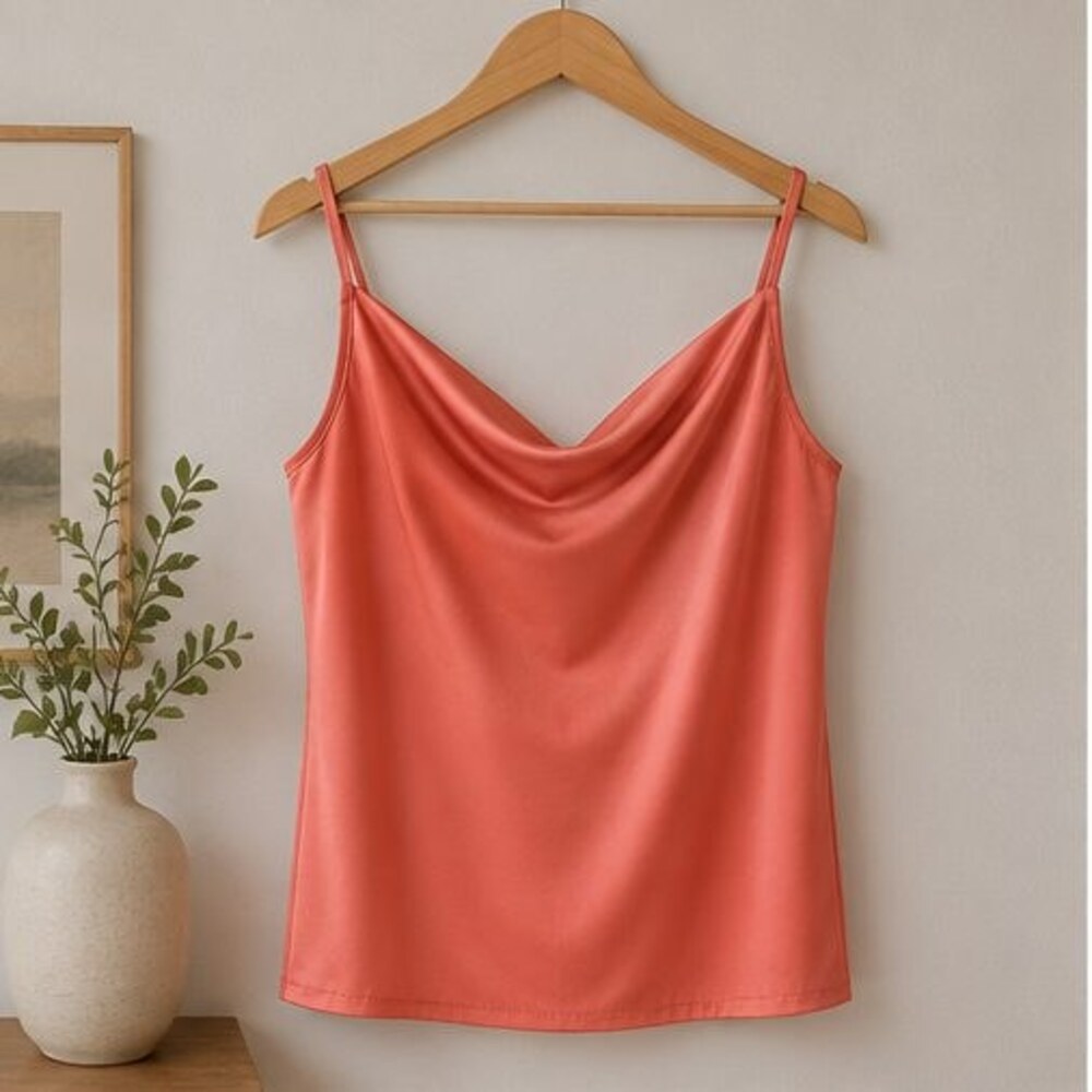 Coral Satin Cowl Neck Top